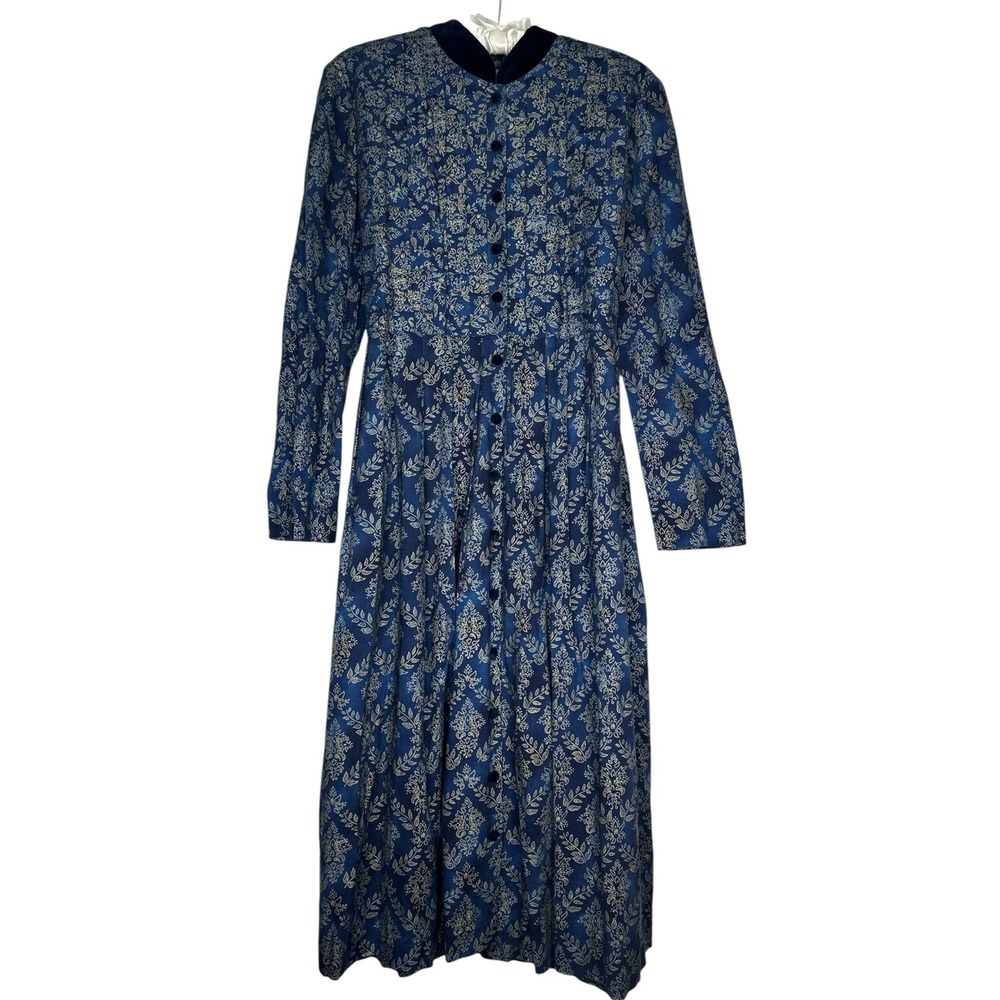 Vintage Karin Stevens Midi Dress 12 Blue Prairie Cottagecore Dark Academia Boho - Picture 2 of 11